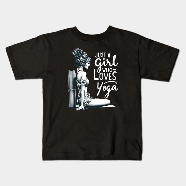Just a Girl Who Loves Yoga-Girl with Mat and Messy Bun Kids T-Shirt by Mapd